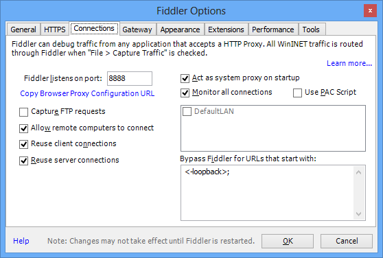 Allow remote computers to connect, Act as system proxy on startup, Monitor all connections